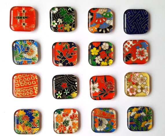 Grab Bag Assorted Glass Chiyogami Magnets. Set of 6 Square Magnets. Magnets Made with Yuzen Chiyogami Paper.