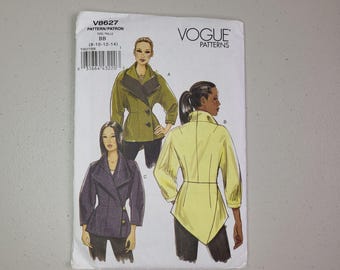 Vogue V8627 Jacket Sewing Pattern, Misses Asymmetric Shaped Hemline Coat, Size 8 10 12 14 BB. Uncut.