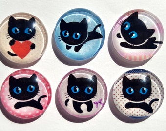 Cute Cat Glass Circle Magnets. Strong Magnet Set of 6 Circle Magnets. Round Magnets - Kitchen Decor. Office Decor. Party Favors. Ver1  04