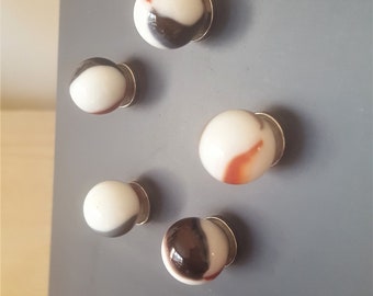 White Marble Magnet With Red and Brown Swirls. Strong Magnet Set of 5 Magnets. Kitchen Decor - Office Decor - Party Favors - Gifts