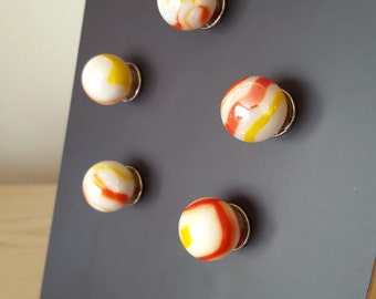 White Marble Magnet With Red and Yellow Swirls. Strong Magnet Set of 5 Magnets. Kitchen Decor - Office Decor - Party Favors - Gifts