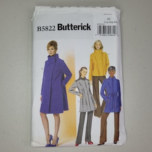 May include: A Butterick B5822 sewing pattern envelope featuring illustrations of four different jacket styles. The designs include a long purple coat, a mustard yellow jacket, a black and white patterned jacket, and a blue belted jacket.