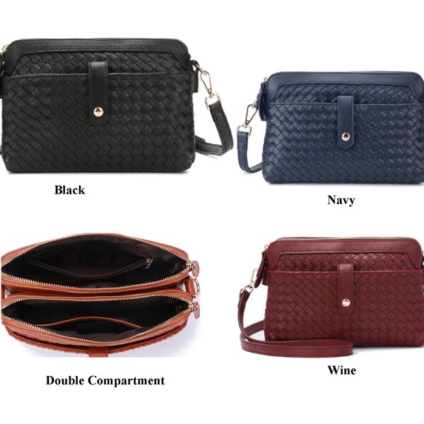 Women's Woven Vegan Leather Double Zipper Compartment Shoulder Bag Crossbody Bag