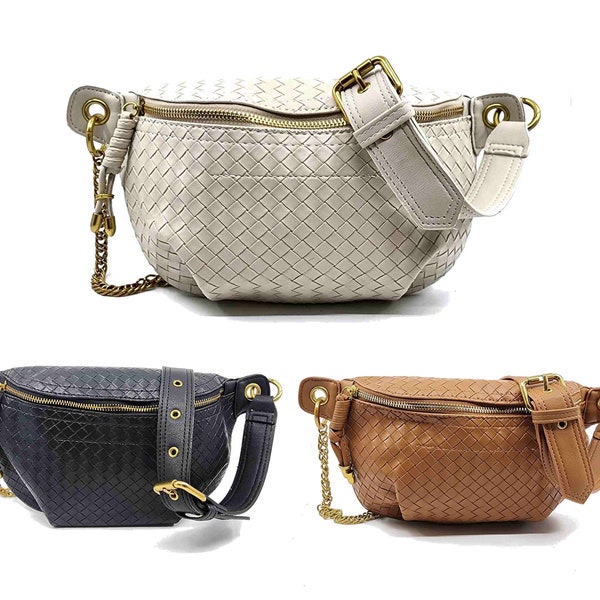 Women's Vegan Leather Woven Fanny Pack Crossbody with Partial Chain Strap