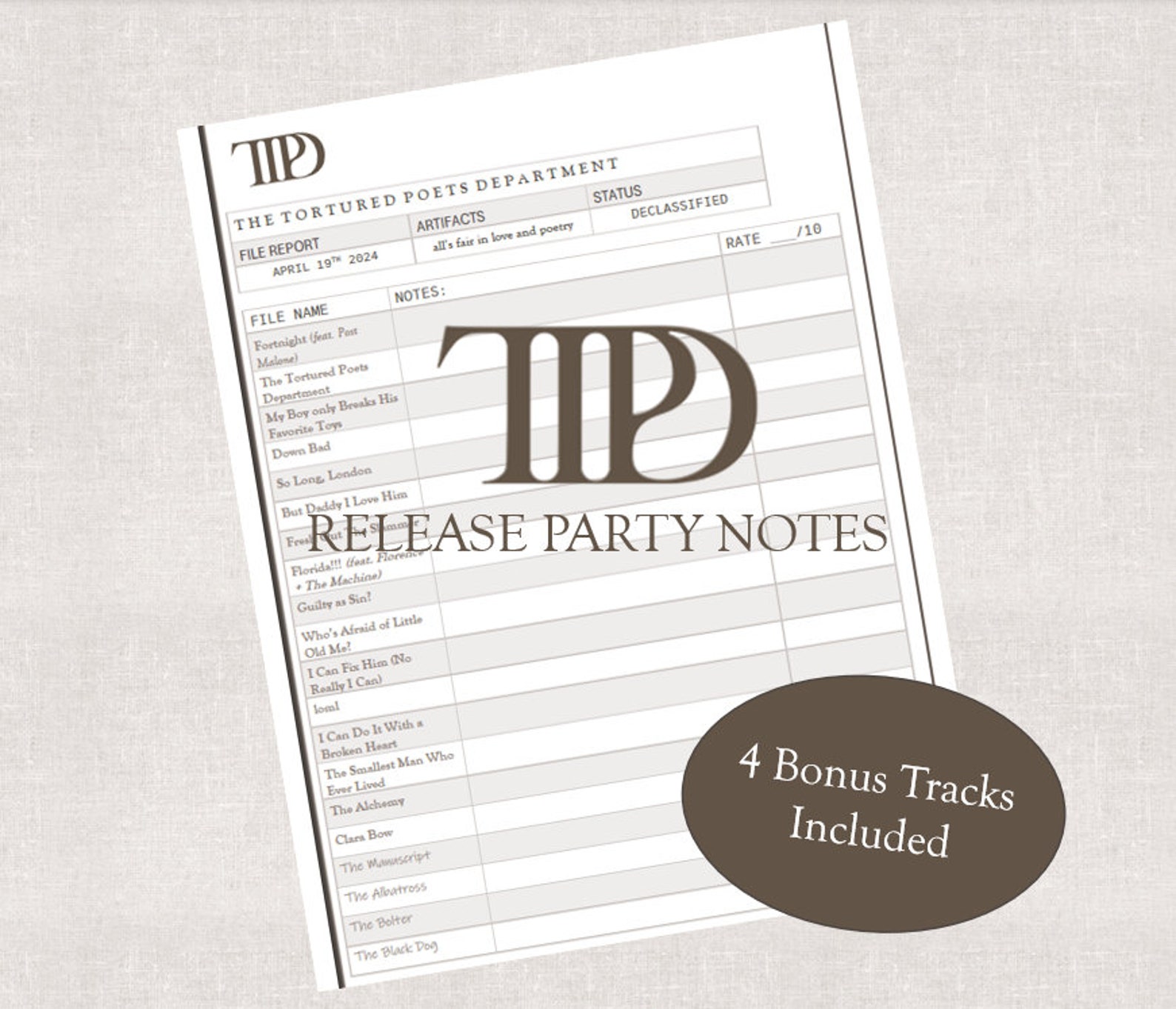 TTPD Release Party Listening Notes Tortured Poets Department Party Game ...