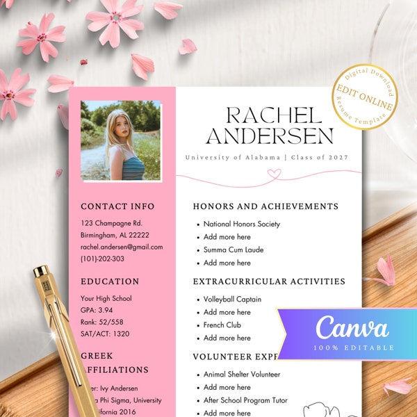 Sorority Resume Template Pack, Sorority Recruitment Rush Resume with Photo, Sorority Unique Pink Rushing Resume Pack, Sorority Letter