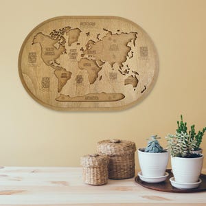 Mapamundi de madera NATUR ARTEM® – OVALADO VINTAGE / Decoración de pared hecha a mano / Decoración de pared interior / Estilo ecológico y natural