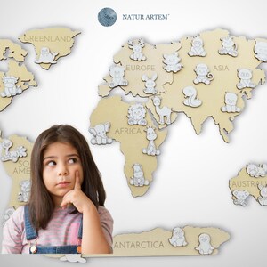 Mapamundi de madera para niños con animales NATUR ARTEM® / 3 colores diferentes / decoración de pared / juego educativo