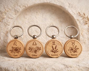 Spersonalizowany drewniany brelok z symbolem zodiaku, grawerowany brelok z motywem astrologii kwiatowej