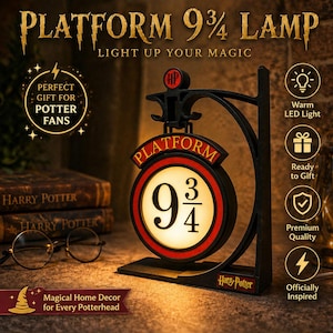 May include: Black Platform 9 3/4 lamp with a warm LED light. The lamp features the text "Platform" and "9 3/4" in a circular design, with the Harry Potter logo. The lamp is officially inspired and ready to gift.