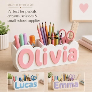 Organiseur de bureau personnalisé avec nom, porte-crayons imprimé en 3D, décoration pour chambre d'enfant image 2