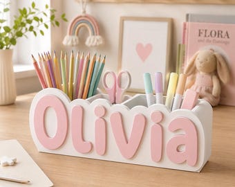 Organizador de escritorio personalizado con nombre para niños, portalápices personalizado impreso en 3D, decoración para la habitación infantil, regalo de regreso a clases.