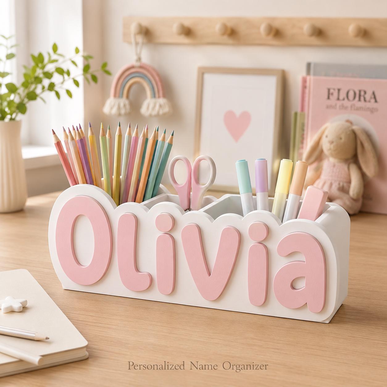 Listing photo: Personalized Name Desk Organizer, 3D Printed Pencil Holder, Kids Room Decor