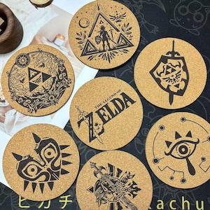 Zelda Cork Coaster Set – Laser Engraved Triforce, Hylian Shield, Majora&#39;s Mask – Gamer Gift, Geek drinkware, Nintendo Decor - Set of 10