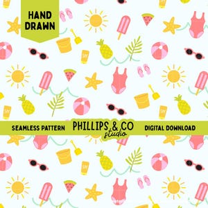 May include: A seamless pattern featuring hand-drawn summer elements. The design includes sunglasses, swimsuits, popsicles, pineapples, beach balls, and sunscreen bottles. The text "HAND DRAWN", "SEAMLESS PATTERN PHILLIPS & CO studio" and "DIGITAL DOWNLOAD" are also included.