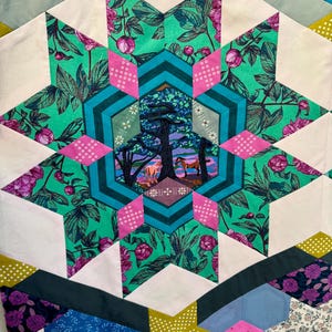 May include: Close-up of a handmade quilt with a starburst design. The quilt features a central star with a landscape scene, surrounded by teal, pink, and green floral patterns. White and geometric shapes complete the design.