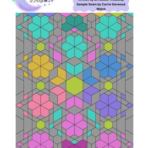 May include: A colorful quilt pattern with geometric floral designs in shades of pink, blue, green, and yellow, set against a gray background. The text "Sweet Dreams" is at the top left, and the text "An English Paper Piecing Quilt Pattern" is at the top right.