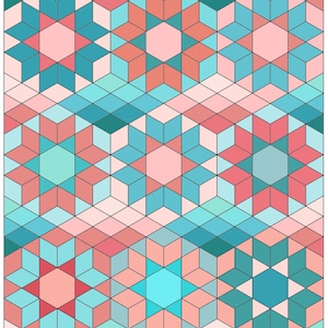 Op de afbeelding: Abstract geometrisch patroon met een herhalend ontwerp van driedimensionale kubussen en stervormen. Het kleurenpalet omvat tinten van teal, koraal en roze, waardoor een symmetrische compositie ontstaat. Geschikt voor diverse toepassingen.
