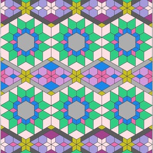 May include: Geometric pattern featuring repeating shapes in a variety of colors. The design includes diamond and star-like forms in shades of green, blue, pink, purple, and gray, set against a light pink background. The pattern has a symmetrical and intricate appearance.