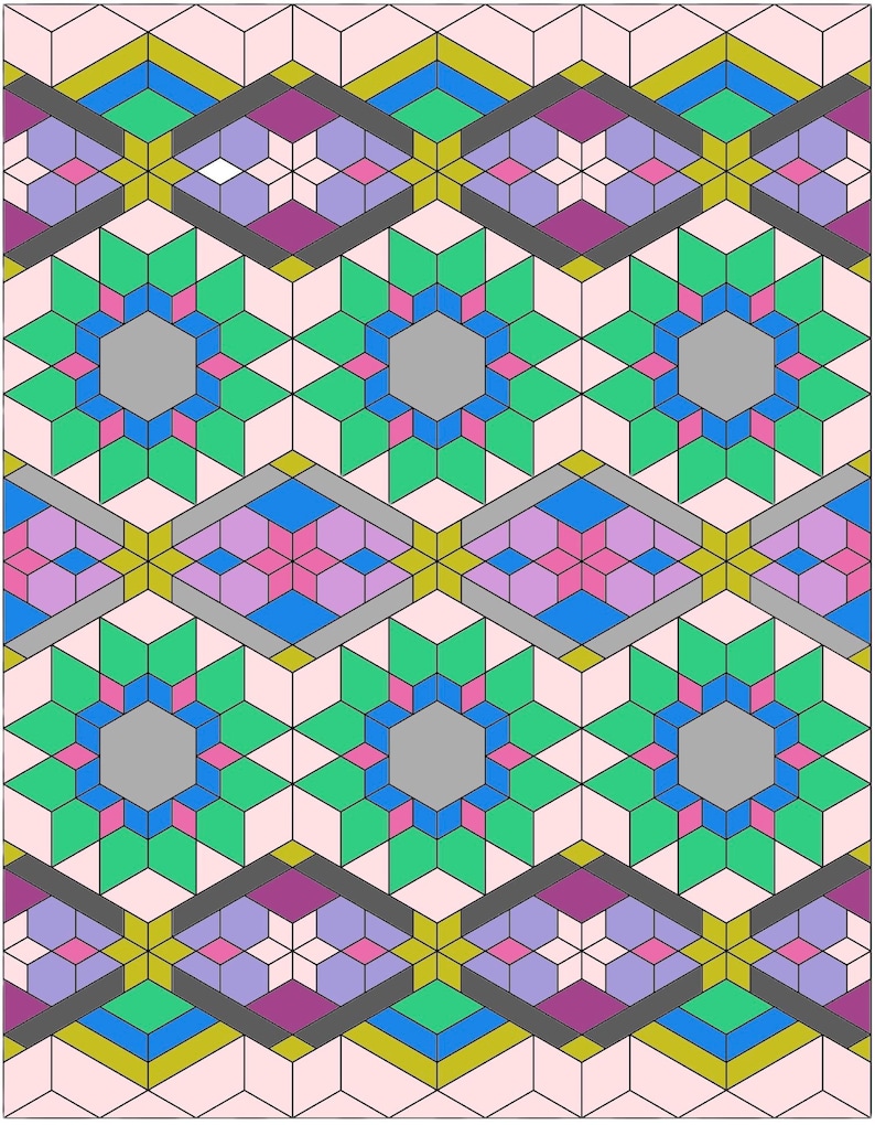 May include: Geometric pattern featuring repeating shapes in a variety of colors. The design includes diamond and star-like forms in shades of green, blue, pink, purple, and gray, set against a light pink background. The pattern has a symmetrical and intricate appearance.