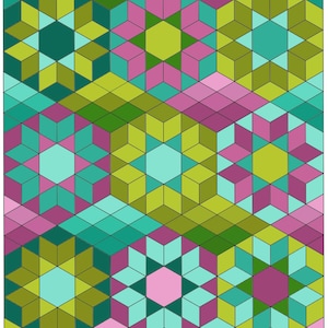 Op de afbeelding: Abstract geometrisch patroon met herhalende ster- en kubusvormen in groen, teal, roze en paars. Het ontwerp heeft een 3D-effect, waarbij elke vorm zwart is omlijnd.