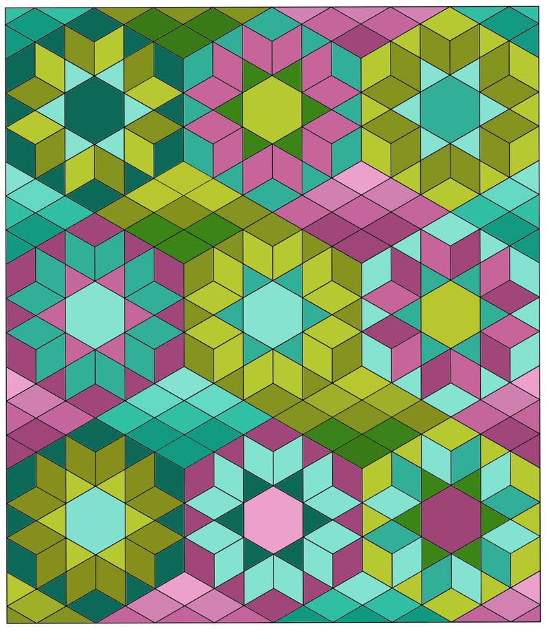 Op de afbeelding: Abstract geometrisch patroon met herhalende ster- en kubusvormen in groen, teal, roze en paars. Het ontwerp heeft een 3D-effect, waarbij elke vorm zwart is omlijnd.