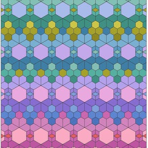 Könnte beinhalten: Ein geometrisches Muster mit sich wiederholenden Sechsecken, Rauten und Würfeln in einem Farbverlauf. Das Farbschema wechselt von Orange unten nach Türkis, Blau, Lila und Grün oben. Das Design ist symmetrisch.