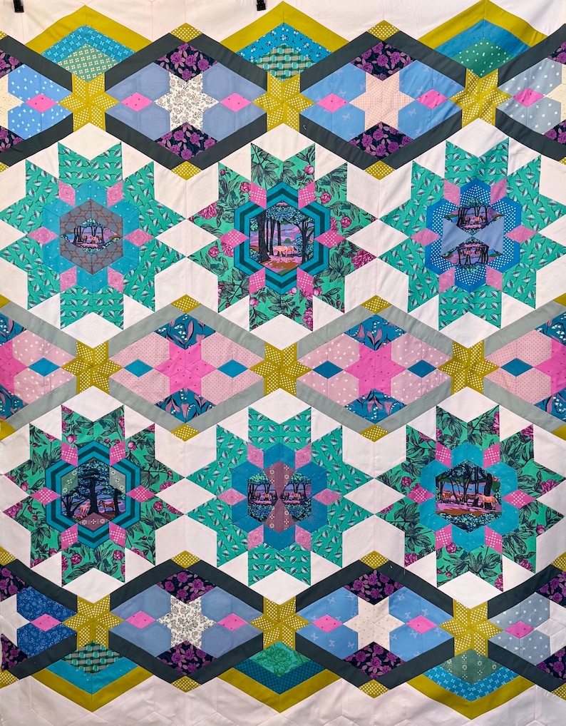 May include: A colorful quilt with a repeating pattern of stars and geometric shapes. The quilt features a variety of colors, including teal, pink, blue, and yellow. The center of each star has a picture of a forest scene.