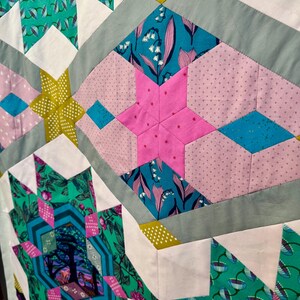 May include: Close-up of a colorful quilt with geometric patterns. The quilt features various shapes, including stars and diamonds, in shades of pink, teal, green, and white. Some sections have floral prints, while others have polka dots.