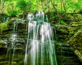 Könnte beinhalten: Ein Wasserfall stürzt über mit Moos bewachsenen Felsen in einem üppigen grünen Wald. Das Wasser ist weiß und schäumend und erzeugt ein Gefühl von Bewegung und Energie.