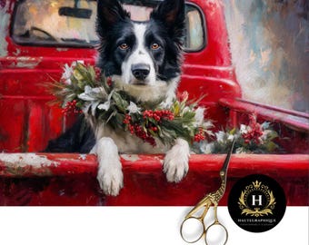 Christmas Border Collie Decoupage Tissue Paper for Furniture, Red Farm Truck