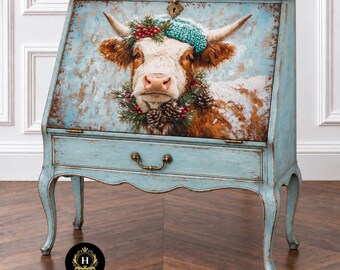 Christmas Highland Cow Decoupage Tissue Paper for Furniture, Teal Knit Hat and Berries