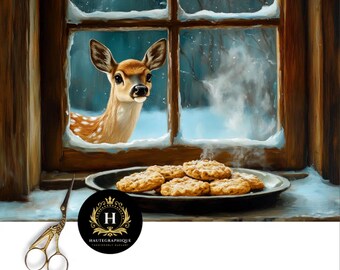 Christmas Deer Window Decoupage Tissue Paper for Furniture, Rustic Kitchen Scene
