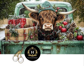 Christmas Highland Cow Decoupage Tissue Paper for Furniture, Vintage Green Truck