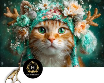 Winter Cat With Antlers Decoupage Tissue Paper for Furniture, Teal Floral Crown