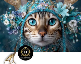 Winter Cat Decoupage Tissue Paper for Furniture, Teal Floral Antler Crown