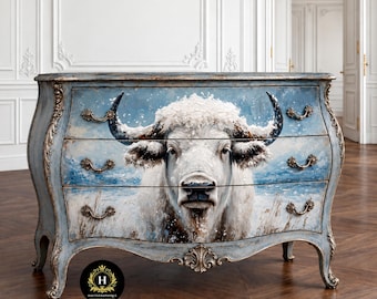 Winter White Buffalo Bison Decoupage Tissue Paper for Furniture, Snowy Western Design