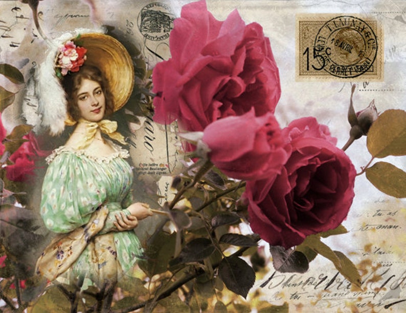 Printable Art Instant Digital Download Pink Roses Commercial Use Digital Graphics floral Digital Paper Shabby Chic victorian vintage woman