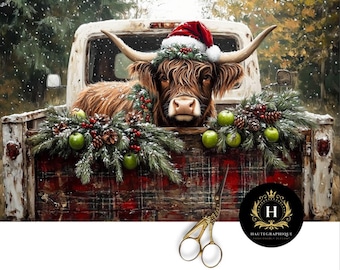 Christmas Highland Cow Decoupage Tissue Paper for Furniture, Rustic Farm Truck