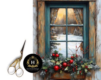 Rustic Christmas Window Decoupage Tissue Paper for Furniture, Winter Berry Scene