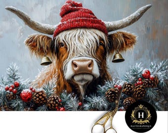 Christmas Highland Cow Decoupage Tissue Paper for Furniture, Red Knit Hat and Bells