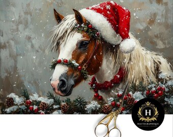 Christmas Horse Decoupage Tissue Paper for Furniture, Santa Hat Western Design