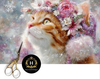 Winter Orange Cat Decoupage Tissue Paper for Furniture, Pink Floral Crown