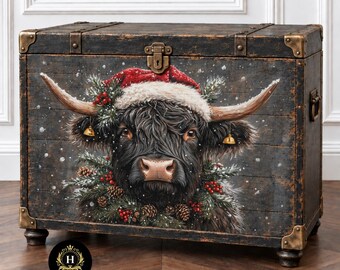 Black Highland Cow Christmas Decoupage Tissue Paper for Furniture, Santa Hat and Bells