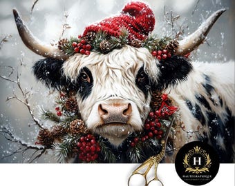 Black and White Highland Cow Christmas Decoupage Tissue Paper for Furniture