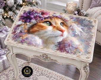 Winter Orange Cat Decoupage Tissue Paper for Furniture, Purple Floral Crown