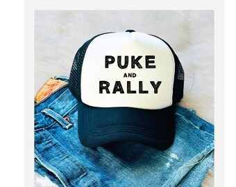 Puke and Rally Trucker Hat: Funny Drinking Hat