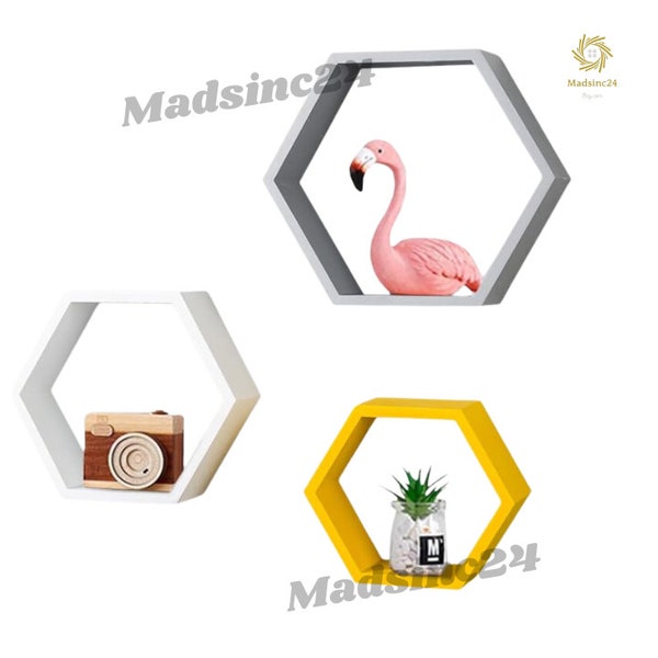 Set Of 3 Hexagon Shelves | Honeycomb Shelves | Floating Shelves | Wall Mounted Shelves | Crystal Display Shelves , Wood Hexagon Shelf