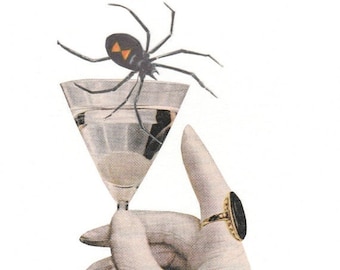 Original Collage Art, Retro Cocktail Artwork, Black Widow Spider Art Work