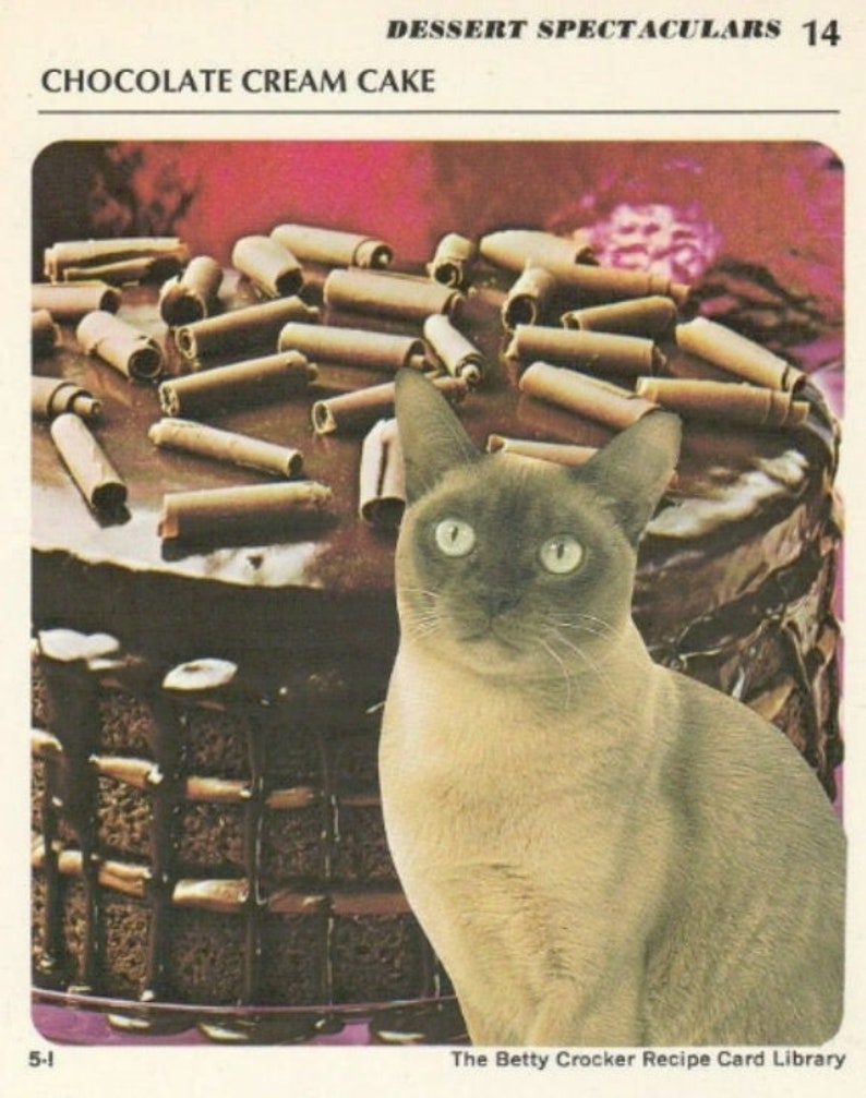 Original Collage Art, Dessert Cake Artwork, Cat Kitchen Art, Retro Food image 1